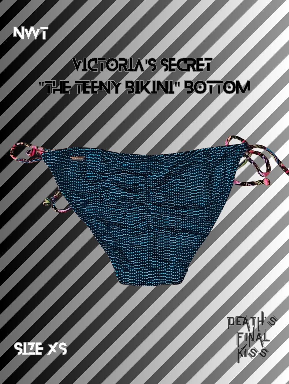 Victoria's Secret Black Teal Polkadot Side Tie Ruched Cheeky Teeny Bikini Bottom